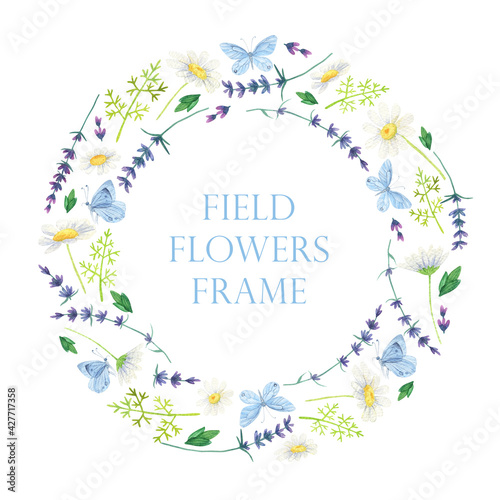 Wildflower frame. Chamomile Lavender wreath. Watercolor Blue butterfly frame