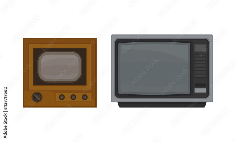 Retro Television Set or Television Receiver with Display for Viewing and Hearing Television Broadcasting Vector Set Retro Television Set or Television Receiver with Display for Viewing and Hearing Television Broadcasting Vector Set