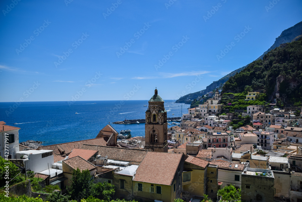 View in Positano, Amalfi Coast, Italy. The Mediterranean, the mountains and the city