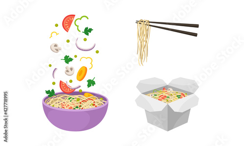 Bowl and Cardboard Box with Chopsticks and Chinese Udon Noodle Vector Set