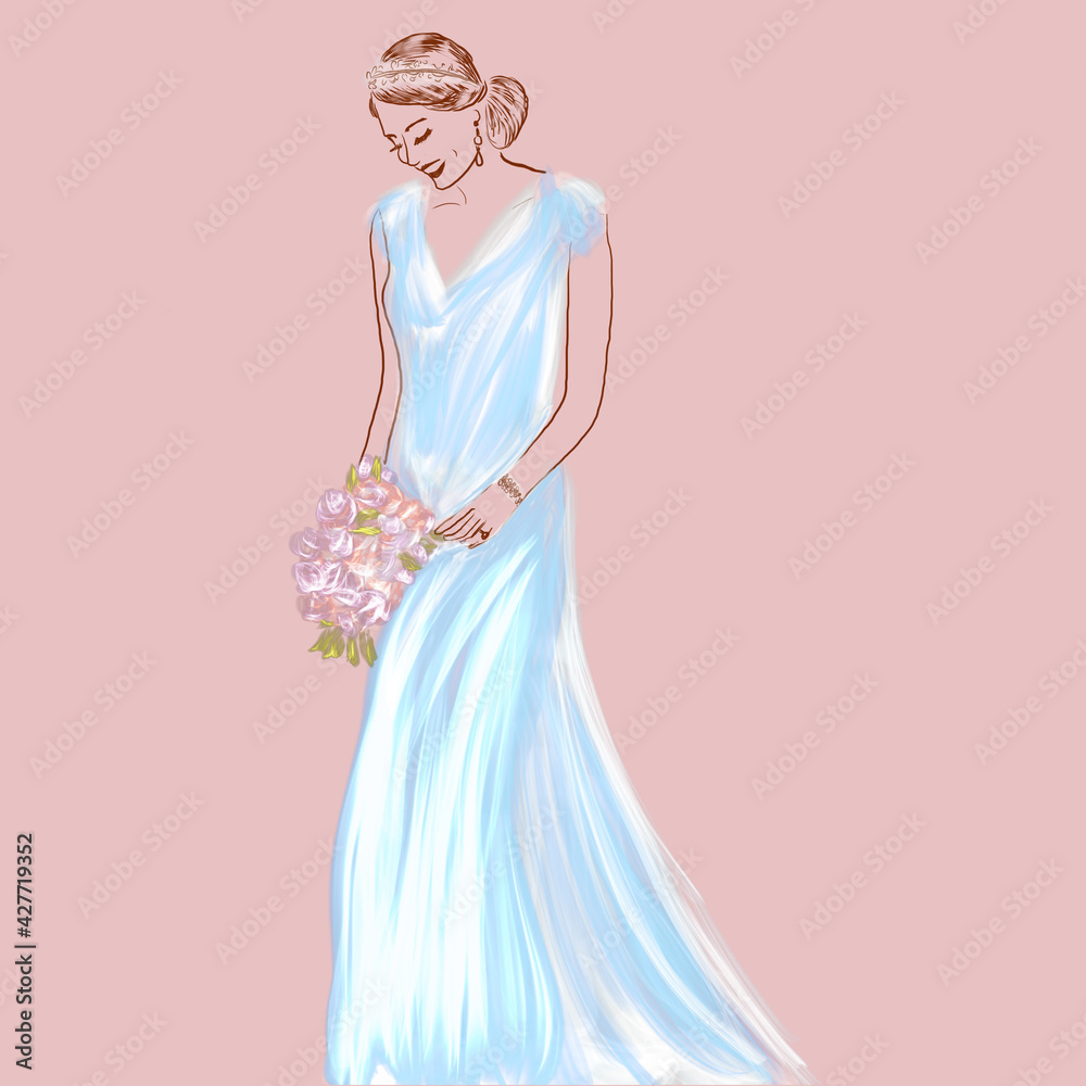 Young beautiful bride in dress.Sketch