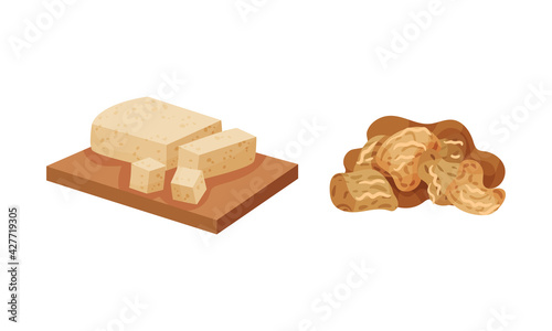 Soy Meat and Tofu Cheese on Cutting Board Vector Set