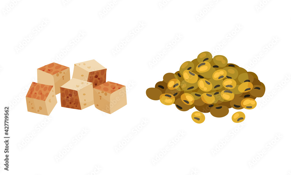 Pile of Raw Soy Beans and Tofu Cheese Vector Set