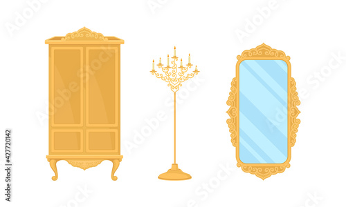 Vintage Furniture and Interior Design with Framed Mirror and Golden Candle Holder Vector Set
