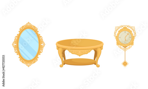 Vintage Furniture and Interior Design with Framed Mirror and Golden Wall Clock Vector Set