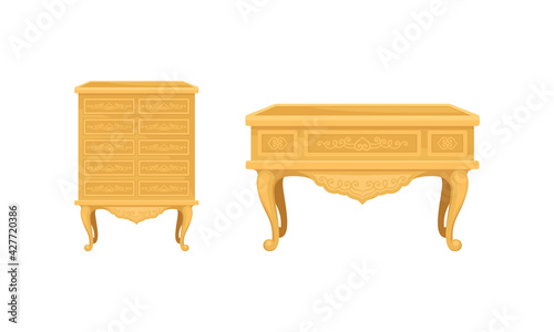 Vintage Furniture and Interior Design with Drawer Chest and Table Vector Set