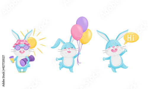 Cute Rabbit with Long Ears Greeting, Holding Bunch of Balloons and Sun Bathing Vector Set