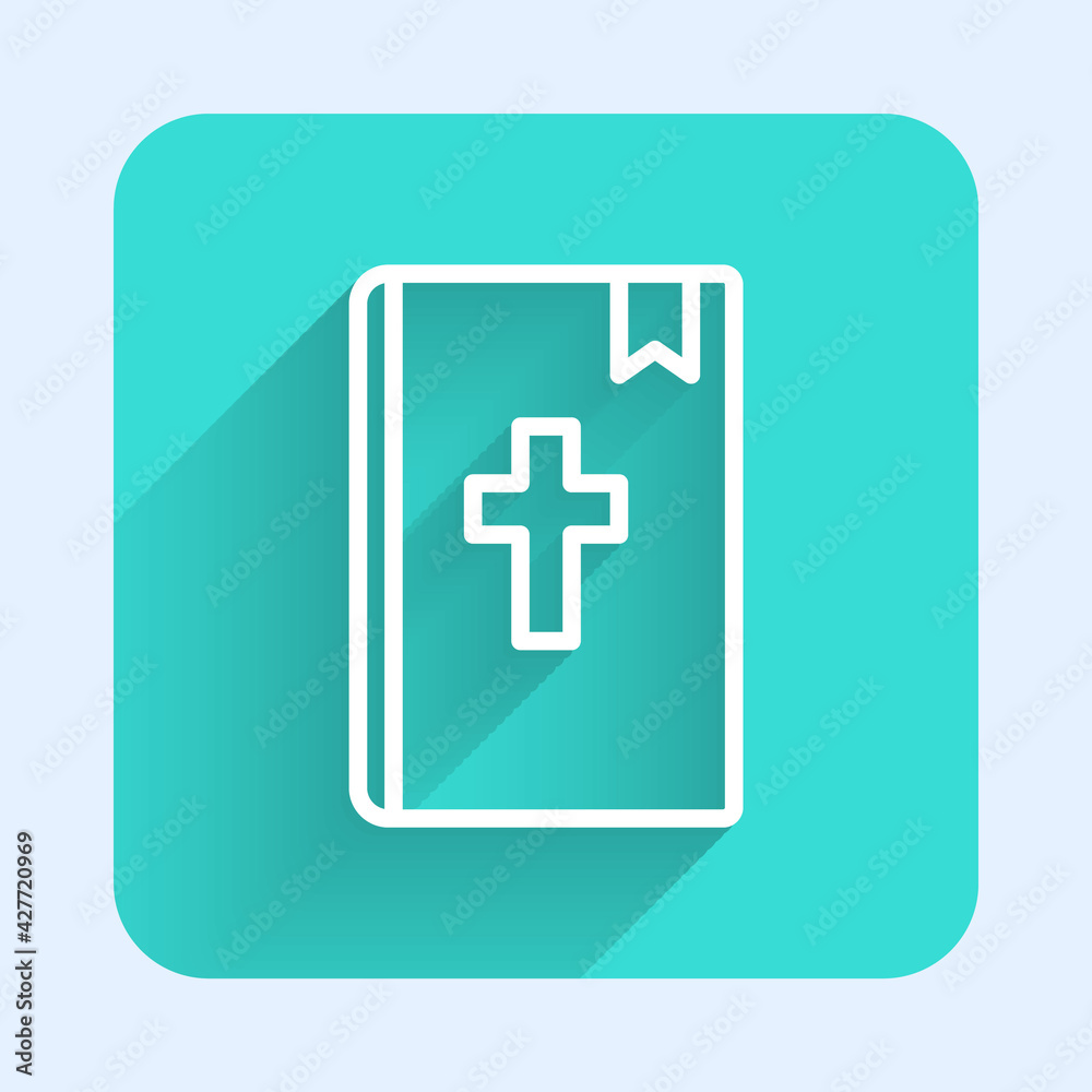 White line Holy bible book icon isolated with long shadow. Green square button. Vector White line Holy bible book icon isolated with long shadow. Green square button. Vector