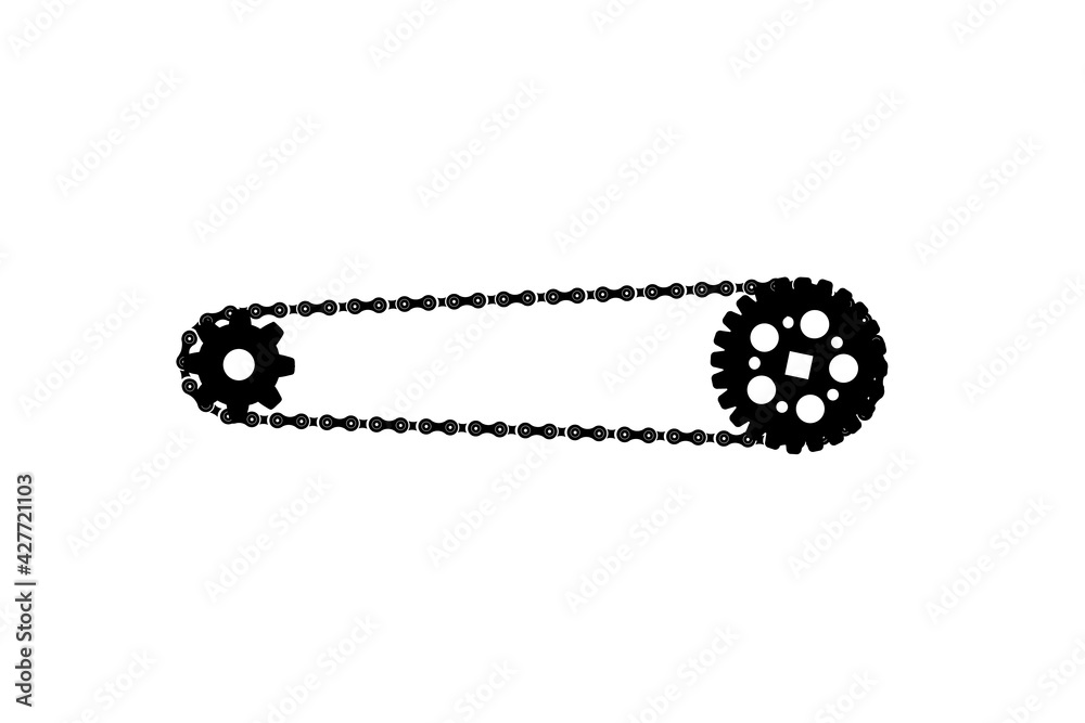 Bicycle transmission cogwheels connected by bicycle chain on white