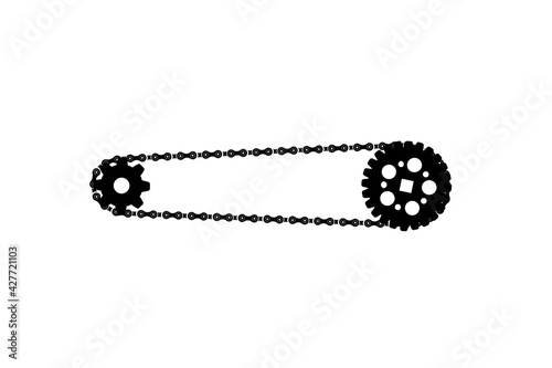 Bicycle transmission cogwheels connected by bicycle chain on white