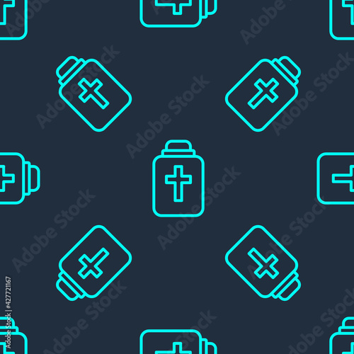 Green line Funeral urn icon isolated seamless pattern on blue background. Cremation and burial containers, columbarium vases, jars and pots with ashes. Vector