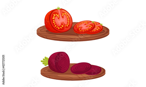 Ripe and Juicy Sliced Beetroot and Tomato Rested on Cutting Board Vector Set