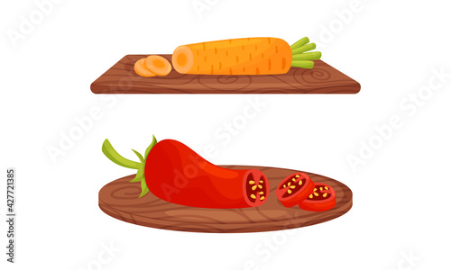 Ripe and Juicy Sliced Pepper and Carrot Rested on Cutting Board Vector Set