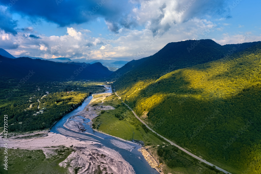 River view from drone in summer
