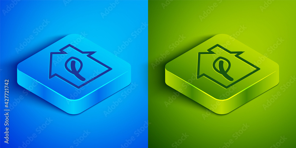 Isometric line Eco friendly house icon isolated on blue and green background. Eco house with leaf. Square button. Vector Isometric line Eco friendly house icon isolated on blue and green background. Eco house with leaf. Square button. Vector