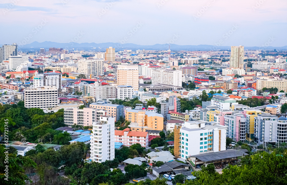 Panoramic view of buildings and streets at sunset in Pattaya, Thailand