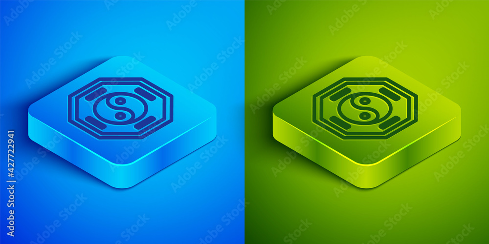 Isometric line Yin Yang symbol of harmony and balance icon isolated on blue and green background. Square button. Vector Isometric line Yin Yang symbol of harmony and balance icon isolated on blue and green background. Square button. Vector