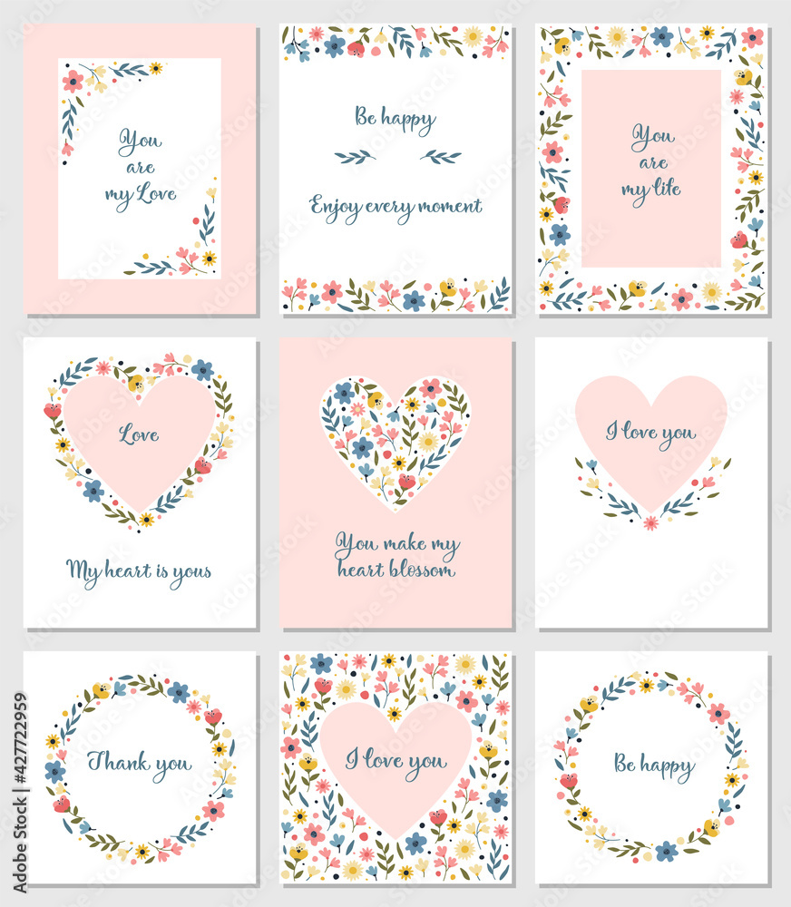 Vector templates with floral decoration. Set of cards with flowers. Wedding invitations, greeting cards, invitation background design.