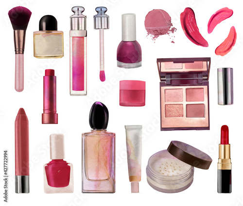 Watercolor cosmetic icons isolated on white background. Makeup clipart, elements for a beauty blog, watercolor beauty clipart, self-care, fashion illustration.
