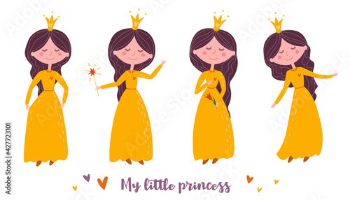 Little princess in a yellow dress in different poses. Princess character in cartoon style.