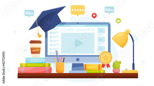 Online education graduation concept. Flat design, vector illustration.