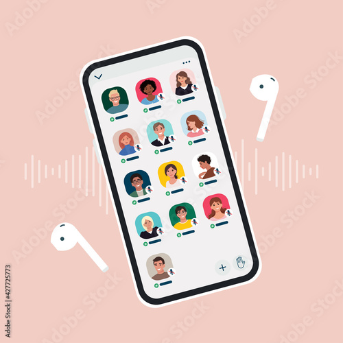 Social media clubhouse app for drop-in audio chat application on smartphone. The screen of the device with avatars of community members. Vector illustration in flat style photo