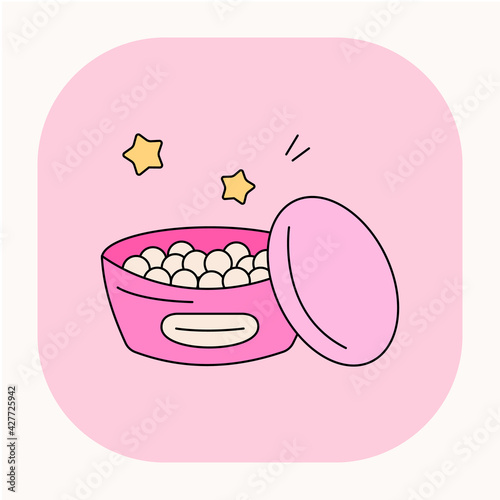 Doodle face powder jar illustration. Cute cartoon highlighter jar icon with pink background.
