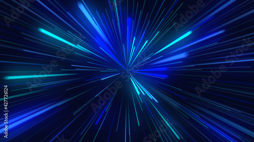 Abstract tunnel from digital neon lights on dark background. Futuristic sparkling lines of dark blue and green colors. Technology and cyber glow concept with copy space
