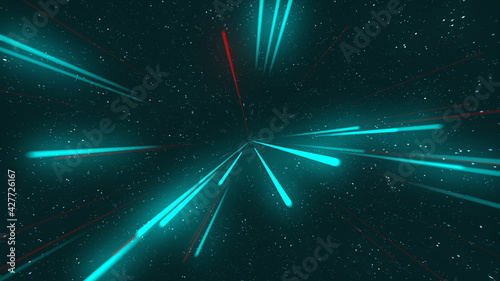 Abstract tunnel from digital neon lights and stars on dark background. Futuristic sparkling lines of dark green and red colors. Technology and cyber glow concept with copy space
