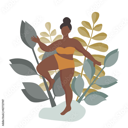 Curvy  female figure. Simple minimal flat design illustration with plant leaves as a background. 