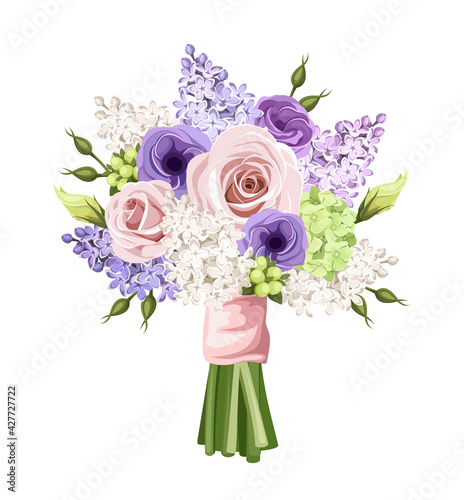 Vector bouquet with pink, purple and white roses, lisianthus flowers and lilac flowers isolated on a white background.