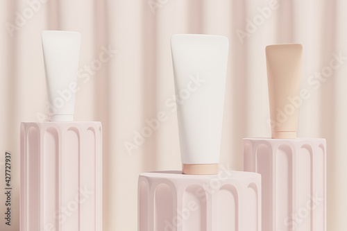 Mockup tube for cosmetics products  template or advertising on pillar podiums  beige background  3d illustration render