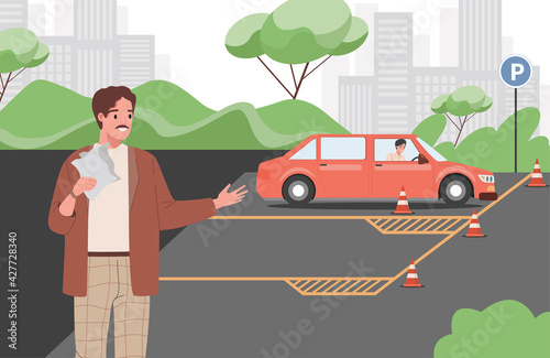 Car instructor teaching young man to drive a car during driving lessons vector flat illustration. Driving school concept. Man learning how to drive or passing exams for driver license.