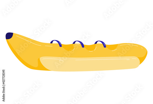 Banana inflatable, happy ocean fun, isolated on white, sea leisure trip, sport boat, design, cartoon style vector illustration.