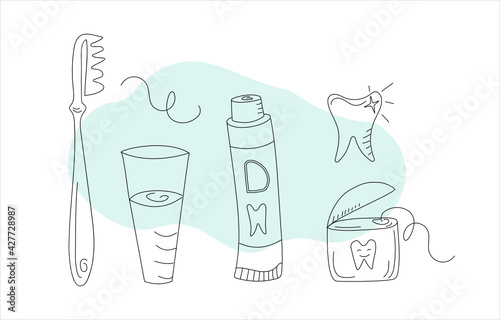 Dental care, set of elements. Toothpaste, toothbrush, dental floss. Vector graphics in doodle style. Isolated background.