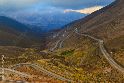 A zigzagging stretch of the Cuesta de Lipán mountain road on the way down to Purmamarca in the Quebrada Humahuaca, Jujuy province, northwest Argentina