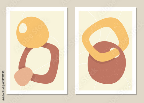 Wall art with abstract shapes and figures in trendy colors. Vector illustration.