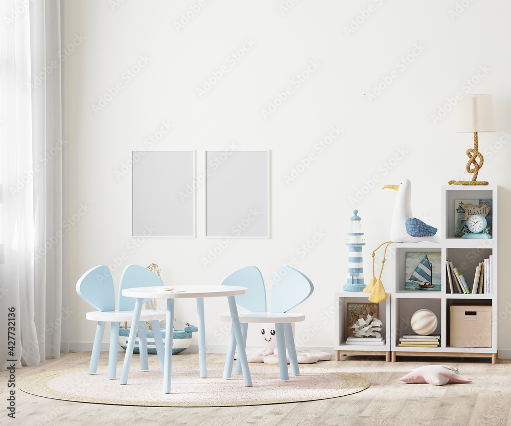 blank poster frame in Bright children's room with kids table and shelves near window, kids furniture, 3d rendering