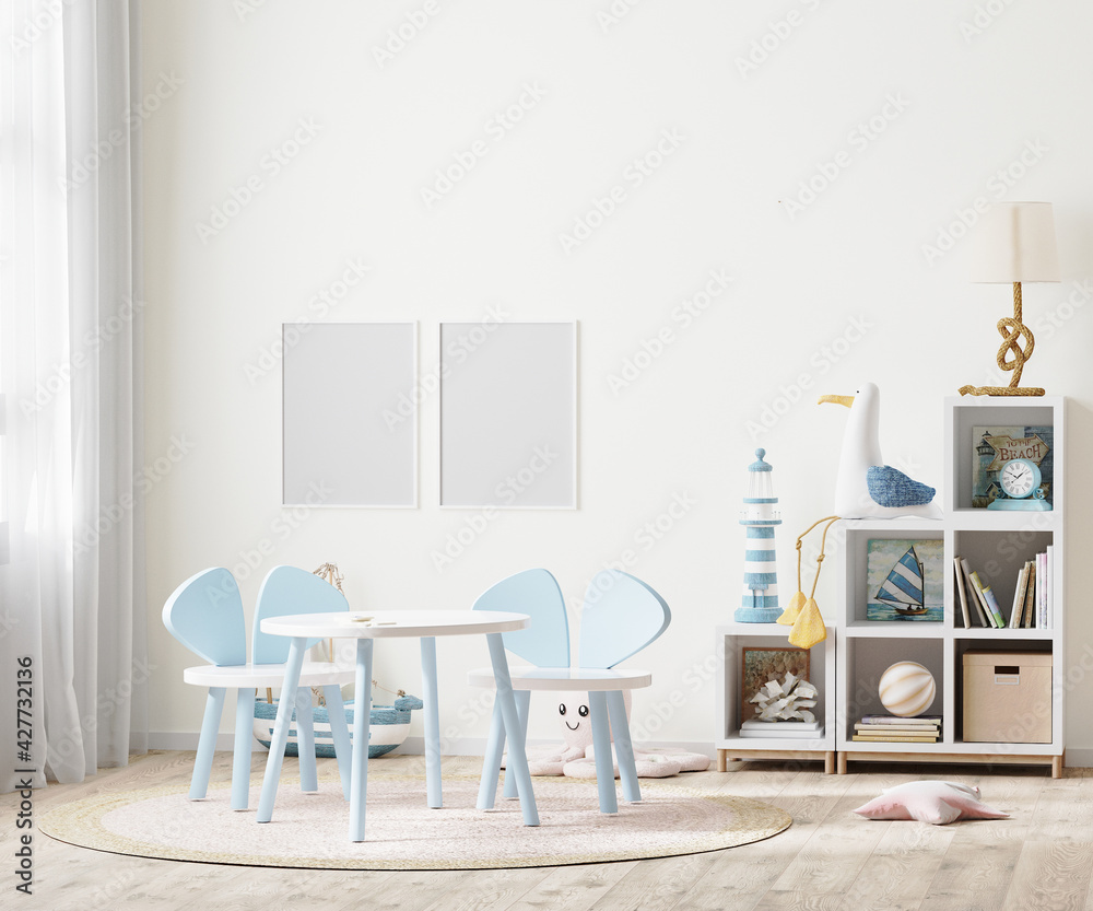 Fototapeta premium blank poster frame in Bright children's room with kids table and shelves near window, kids furniture, 3d rendering