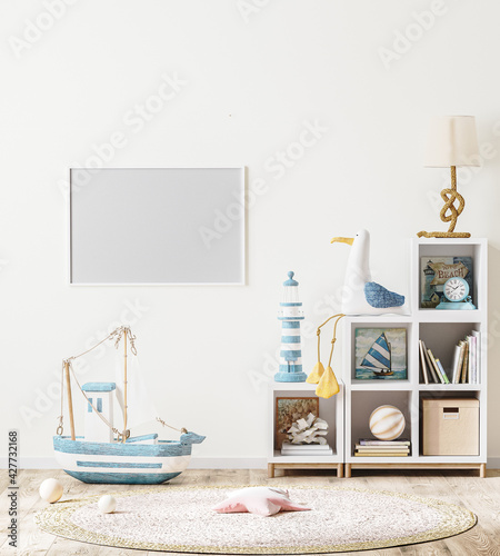 blank horizontal frame mock up in scandinavian style children's room interior with kids shelf with books and toys, 3d rendering