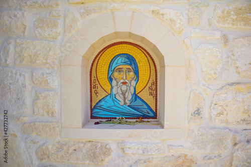 Wall painting, Orthodox icon of St. Anthony. Agios Antonios Church, Paphos, Cyprus photo