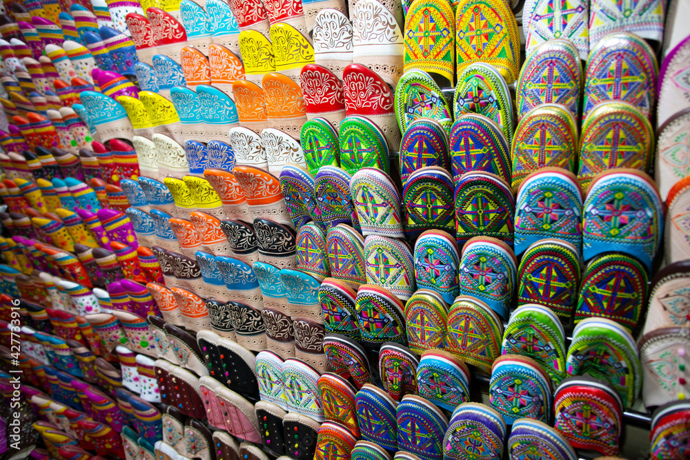 traditional moroccan slippers shoes on a store 