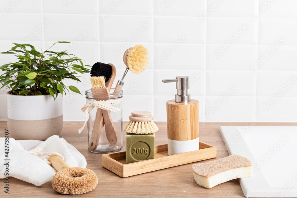 Home cleaning non toxic, natural products. Washing dishen in kitchen with olive oil soap and brushes. Plastic free, zero waste, sustainable lifestyle idea - obrazy, fototapety, plakaty 