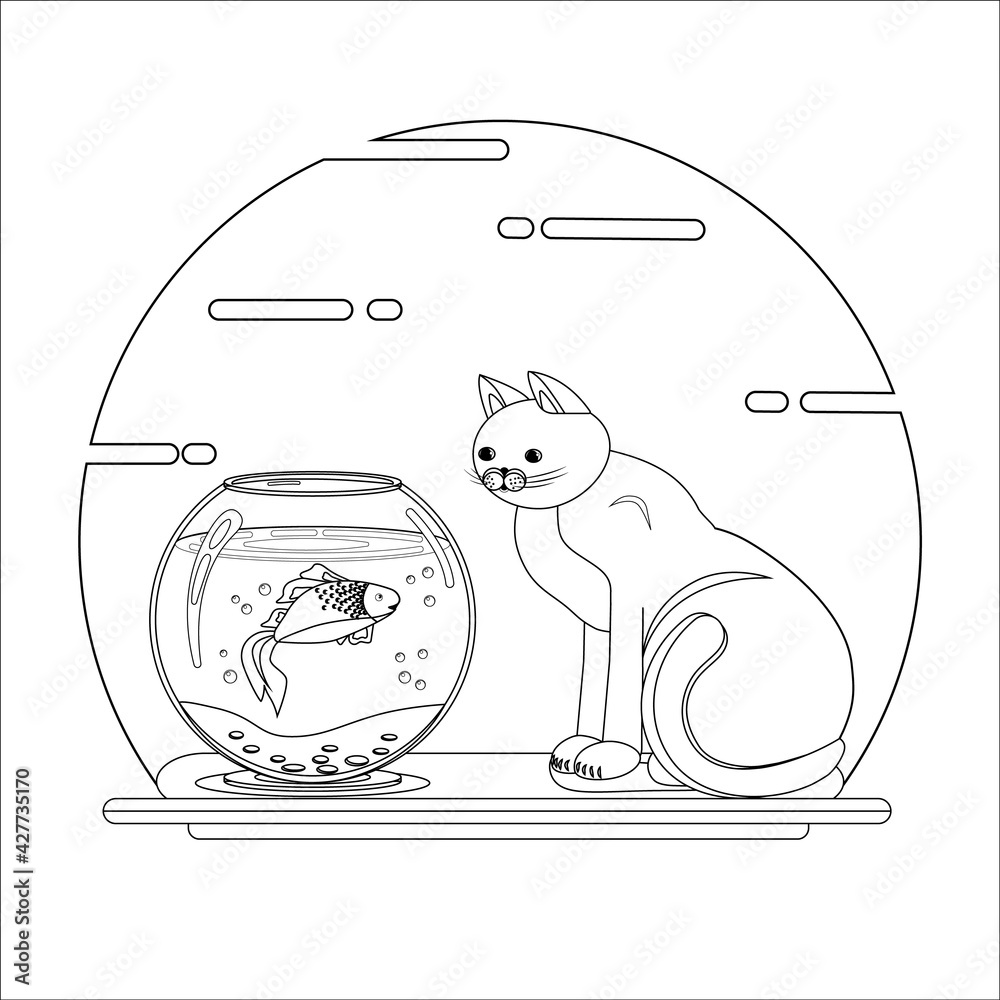 Cat and fish sketch in lines. Cat and goldfish. Vector illustration of