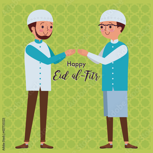 Two muslim men are shaking hands to forgive each other to welcome the eid al-Fitr.