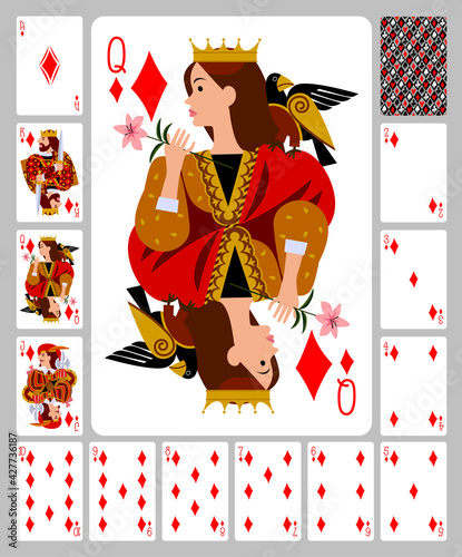 Playing cards of Diamonds suit and back in funny flat style