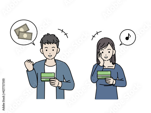 通帳を見て喜ぶ　若い男女　大学生　給料　貯金　イラスト素材