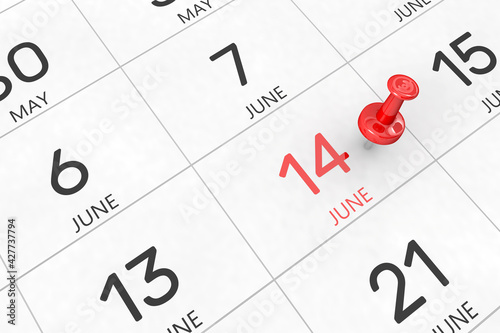 3d rendering of important days concept. June 14th. Day 14 of month. Red date written and pinned on a calendar. Summer month, day of the year. Remind you an important event or possibility.