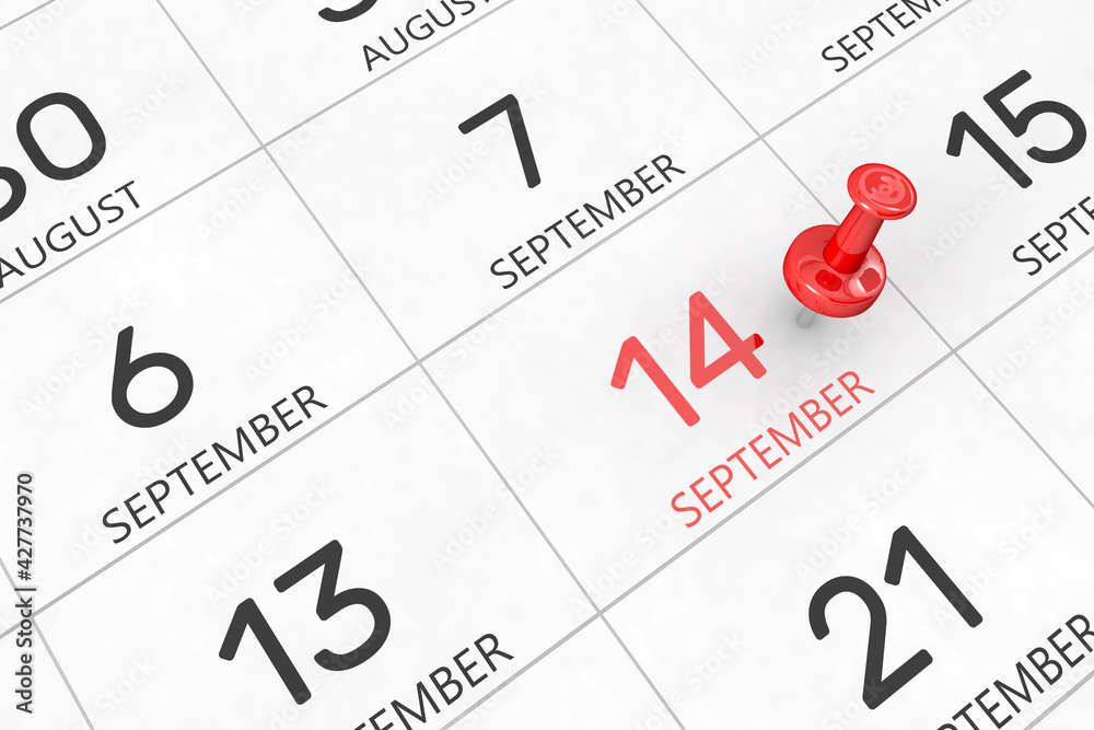 3d rendering of important days concept. September 14th. Day 14 of month. Red date written and pinned on a calendar. Autumn month, day of the year. Remind you an important event or possibility. 3d rendering of important days concept. September 14th. Day 14 of month. Red date written and pinned on a calendar. Autumn month, day of the year. Remind you an important event or possibility.