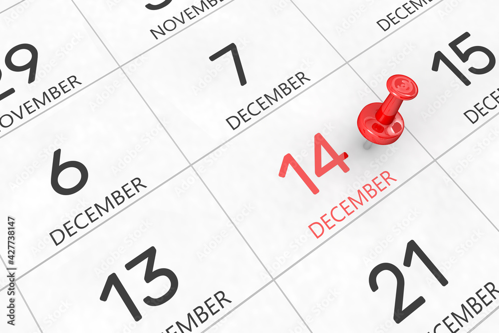 3d rendering of important days concept. December 14th. Day 14 of month. Red date written and pinned on a calendar. Winter month, day of the year. Remind you an important event or possibility. 3d rendering of important days concept. December 14th. Day 14 of month. Red date written and pinned on a calendar. Winter month, day of the year. Remind you an important event or possibility.